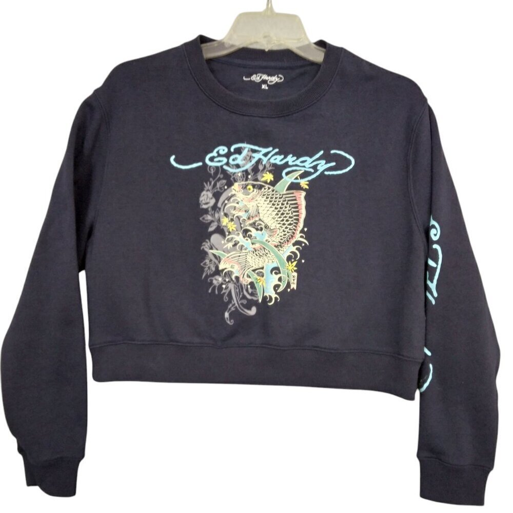 ED HARDY | Women Koi Fish Cropped Sweatshirt Pullover Fleece Navy | Size XL
